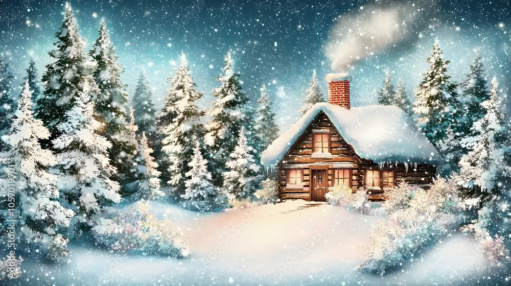 Cozy cabin in snowy forest with smoke rising from chimney. Cozy cabin in snowy forest with smoke rising from chimney.