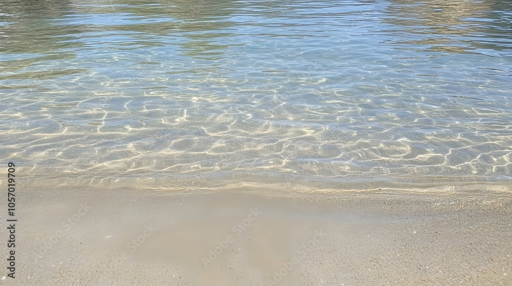 Crystal clear blue water gently lapping on a sandy beach. Crystal clear blue water gently lapping on a sandy beach.