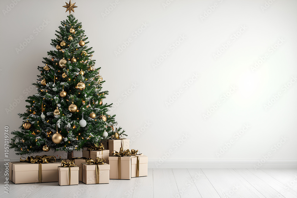 Minimalist holiday scene with a Christmas tree, ornaments, and gift boxes on a white background