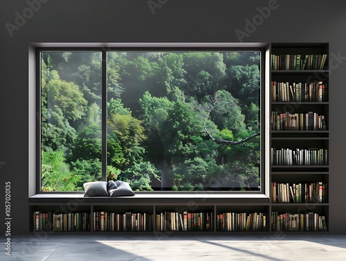 Reading window seat, modern window with bookshelves, forest view, grey wall, minimalist house, daylight.