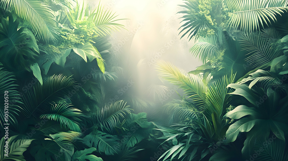 Lush jungle foliage with sunbeams breaking through the leaves. Lush jungle foliage with sunbeams breaking through the leaves.