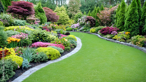 Lush green lawn with manicured flower beds and a stone pathway.