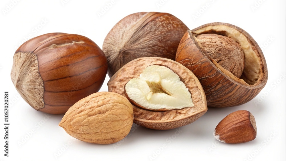 A detailed close-up of hazelnuts, both whole and cracked open to reveal the creamy kernels, displayed on a white background. Ideal for food illustrations, health-focused content, or fall-themed design