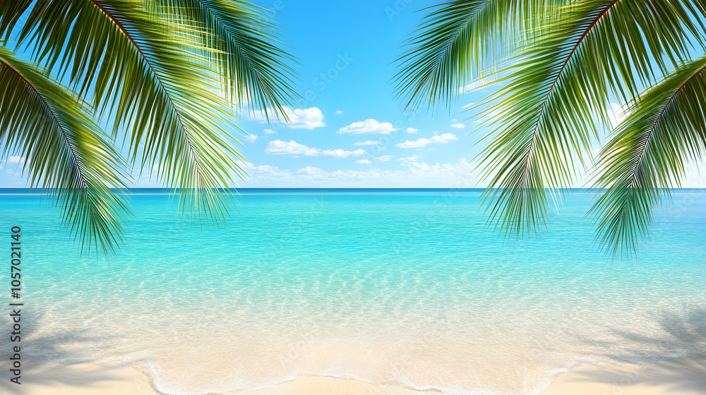 Palm leaves frame a view of a tropical beach with turquoise water and white sand. Palm leaves frame a view of a tropical beach with turquoise water and white sand.