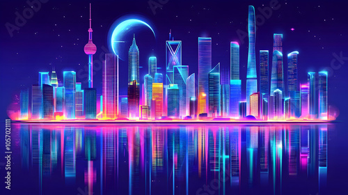 Neon cityscape at night with a crescent moon. photo