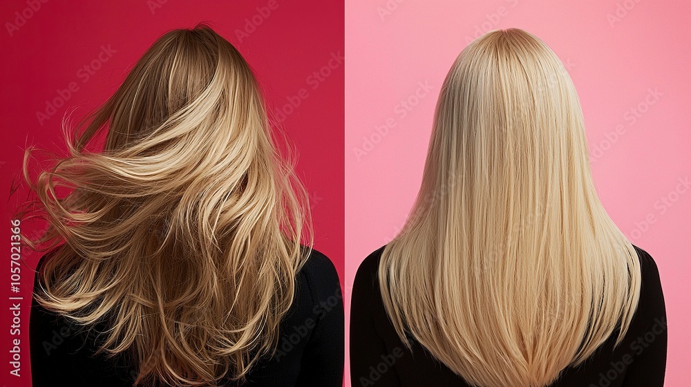 Split-screen image, left side showing messy wild unkempt long blonde female hair, right side showing the same hair wit no color change but perfectly combed, generative ai Split-screen image, left side showing messy wild unkempt long blonde female hair, right side showing the same hair wit no color change but perfectly combed, generative ai
