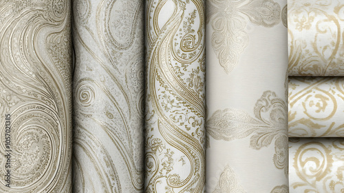 Rolls of patterned wallpaper in gold and white.