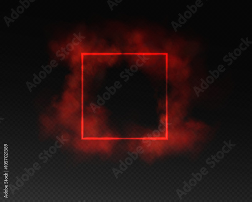 Magical portal in fantasy style. Square light frame with red smoke and dust, futuristic teleporter. Red neon lights illuminate night scene on transparent background. Light effect