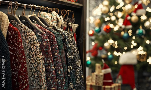 Choosing holiday outfits for a Christmas party, with festive clothing, accessories, and decorations in the background