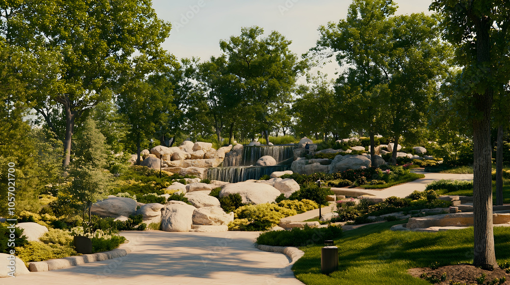 Fototapeta premium Serene pathway through a lush park with a cascading waterfall and stone formations.