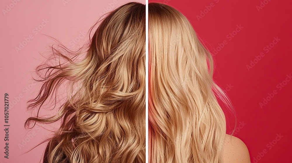 Split-screen image, left side showing messy wild unkempt long blonde female hair, right side showing the same hair wit no color change but perfectly combed, generative ai Split-screen image, left side showing messy wild unkempt long blonde female hair, right side showing the same hair wit no color change but perfectly combed, generative ai