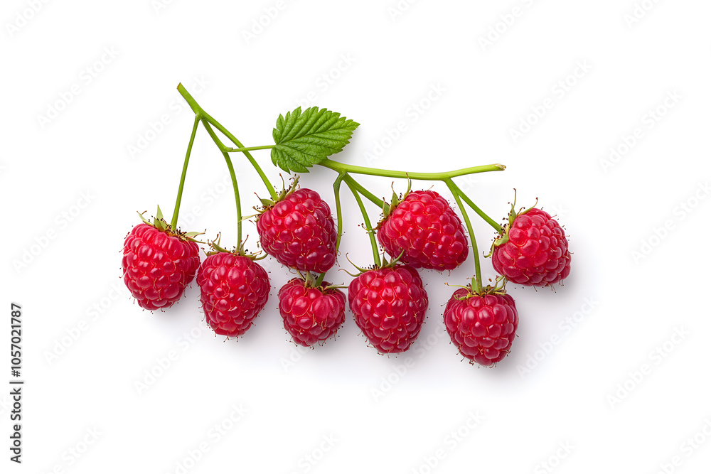Red ripe raspberries with green leaves on a branch isolated on a white background. Red ripe raspberries with green leaves on a branch isolated on a white background.