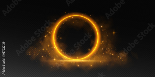 A magical fantasy portal. Round light frame with fine dust particles and light smoke, futuristic teleporter. Golden neon lights illuminate night scene with sequins on transparent background. Light eff