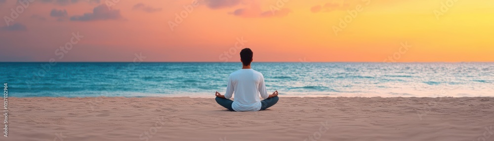 Relaxed yoga pose on the sand, vibrant sunset backdrop, calming ocean sounds, beach yoga, sunset, relaxation Relaxed yoga pose on the sand, vibrant sunset backdrop, calming ocean sounds, beach yoga, sunset, relaxation