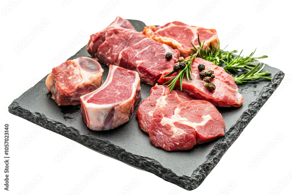 Assorted raw meat cuts arranged on a black stone platter with herbs, perfect for culinary presentations. Assorted raw meat cuts arranged on a black stone platter with herbs, perfect for culinary presentations.