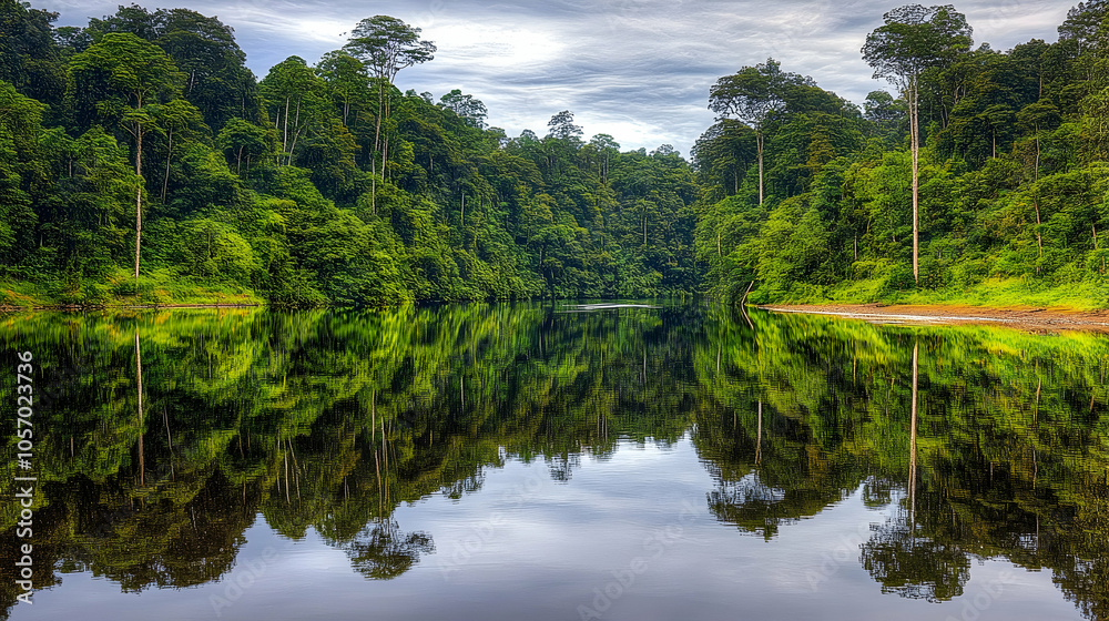 Tranquil lake with lush green trees and reflections in the water on a cloudy day. Tranquil lake with lush green trees and reflections in the water on a cloudy day.