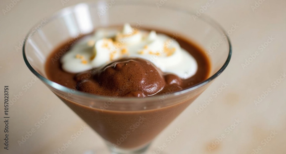 A delicate chocolate mousse with whipped cream, served in a glass cup A delicate chocolate mousse with whipped cream, served in a glass cup