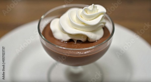 A delicate chocolate mousse with whipped cream, served in a glass cup