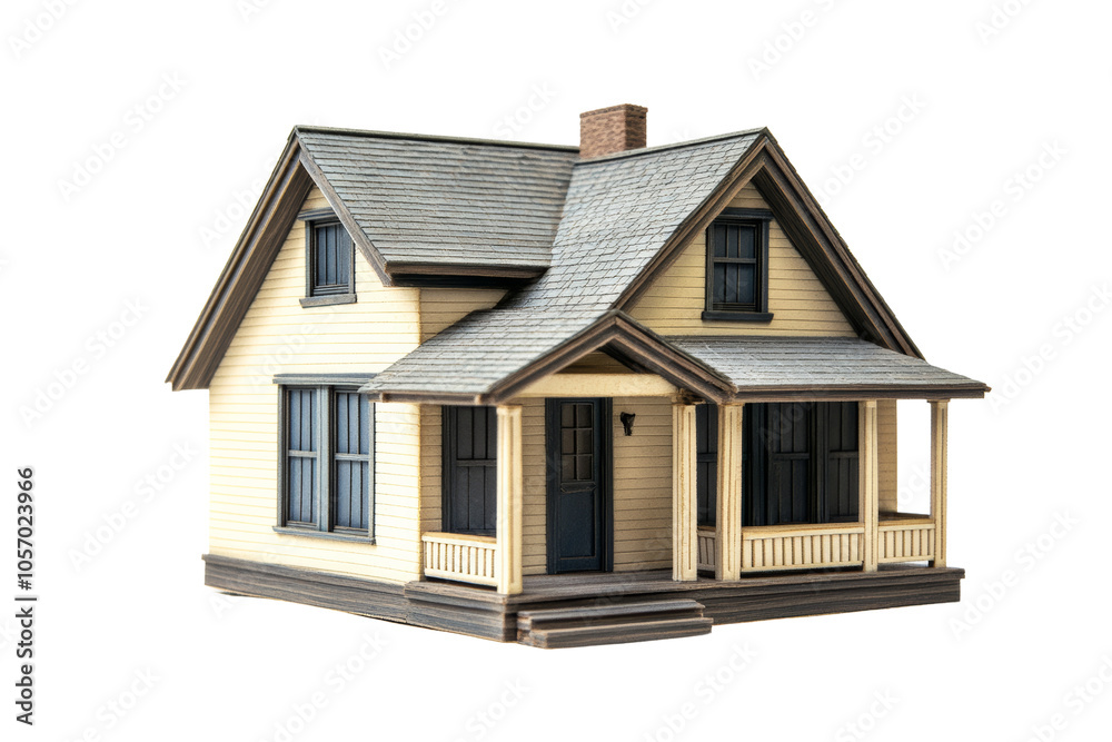 Charming house model with a porch, showcasing classic architecture against a white isolated background.