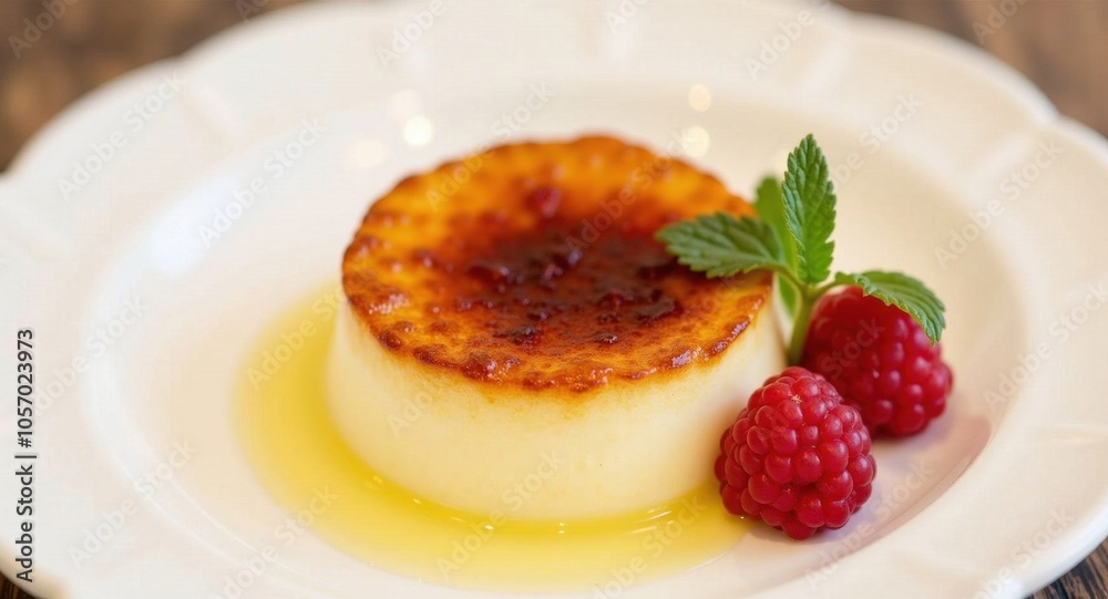 A delicate plate of crème brûlée with caramelized sugar A delicate plate of crème brûlée with caramelized sugar