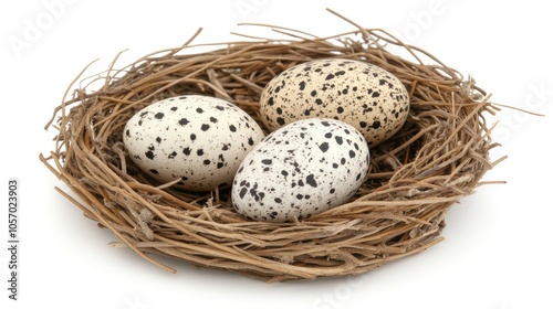 A rustic birds nest with three beautifully speckled eggs resting atop a soft, blurred background, capturing the essence of nature's artistry