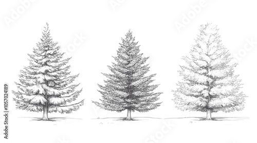 Architectural Drawings Minimal style cad tree line drawing set of green fir trees isolated on the white background, Christmas pine tree vector illustration outline symbol for landscape design drawing
