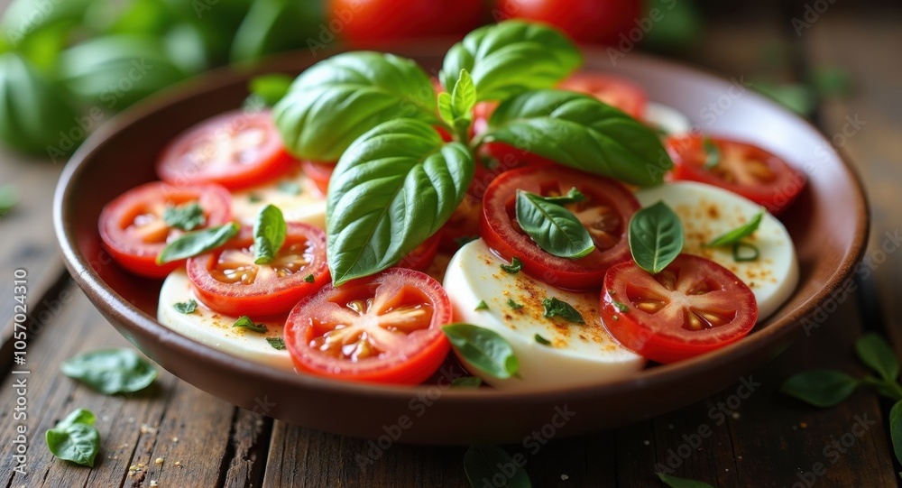 A fresh caprese salad with mozzarella, tomatoes, and basil on a rustic wooden table A fresh caprese salad with mozzarella, tomatoes, and basil on a rustic wooden table