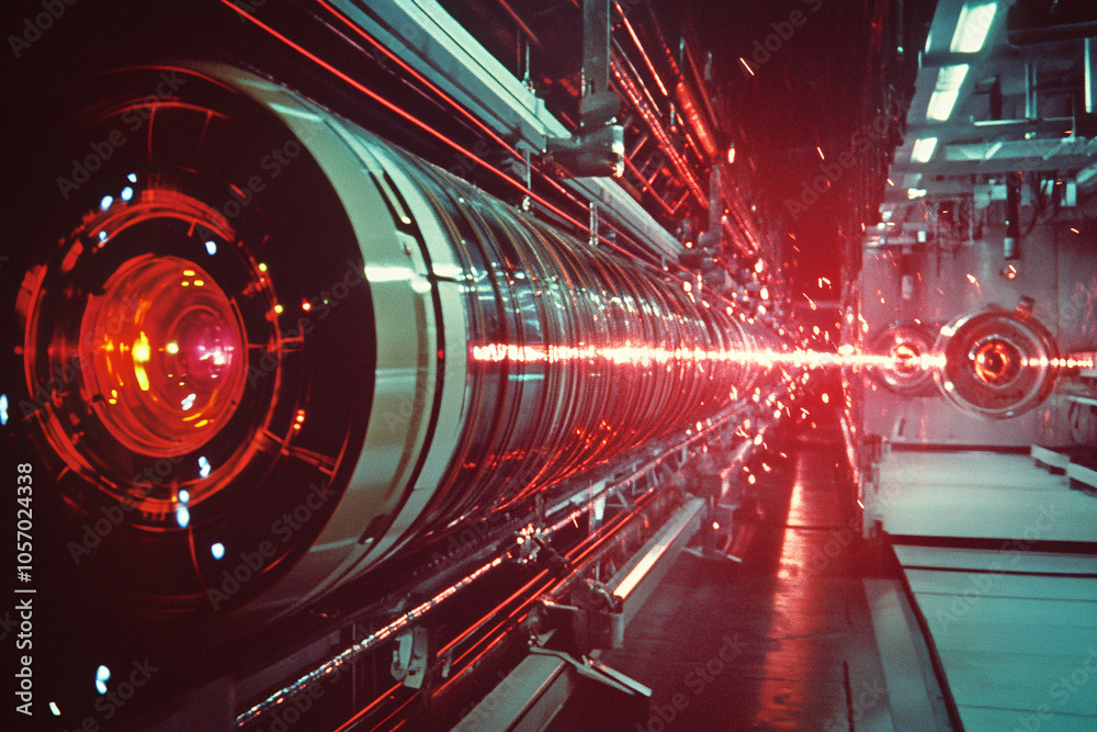 A high-tech red laser beam in an industrial setting, emitting intense light and futuristic energy, representing advanced technology and power
