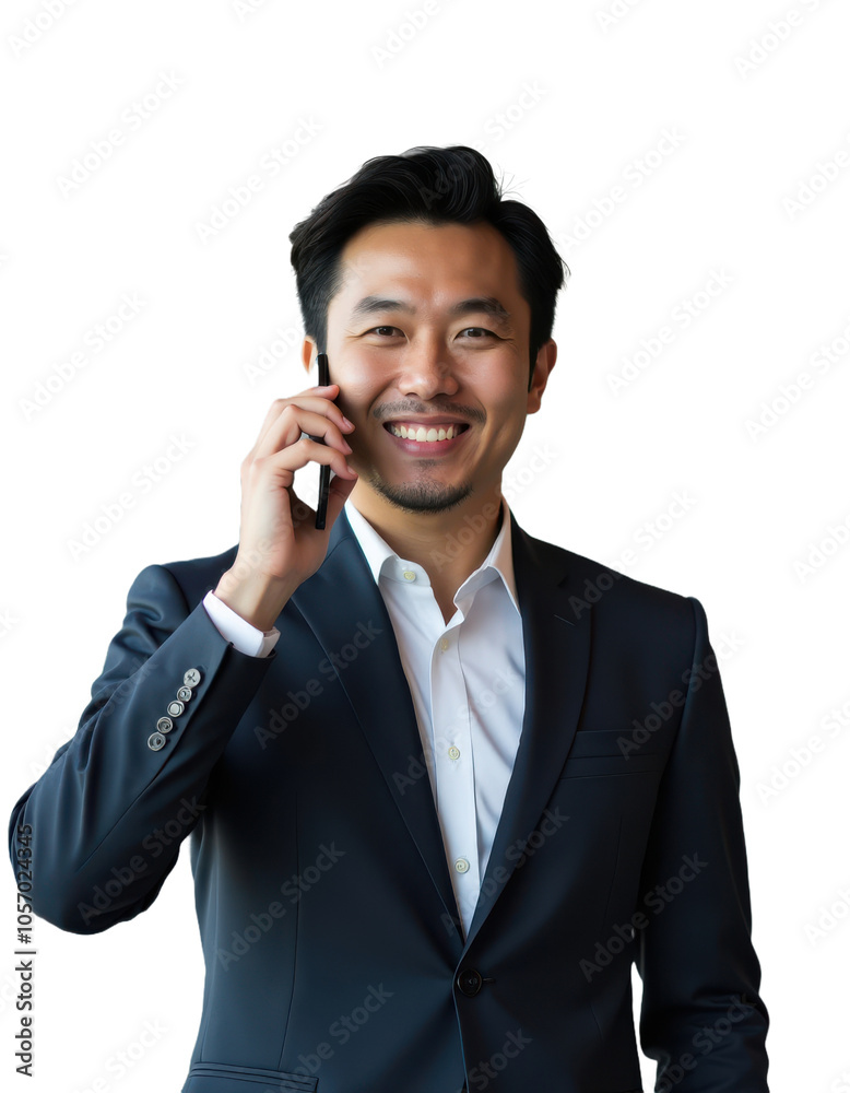 Portrait of Asian smiling businessman in a suit, talking on thephone, isolated on transparent background Portrait of Asian smiling businessman in a suit, talking on thephone, isolated on transparent background