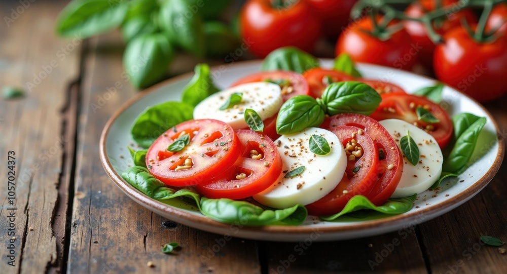 A fresh caprese salad with mozzarella, tomatoes, and basil on a rustic wooden table A fresh caprese salad with mozzarella, tomatoes, and basil on a rustic wooden table