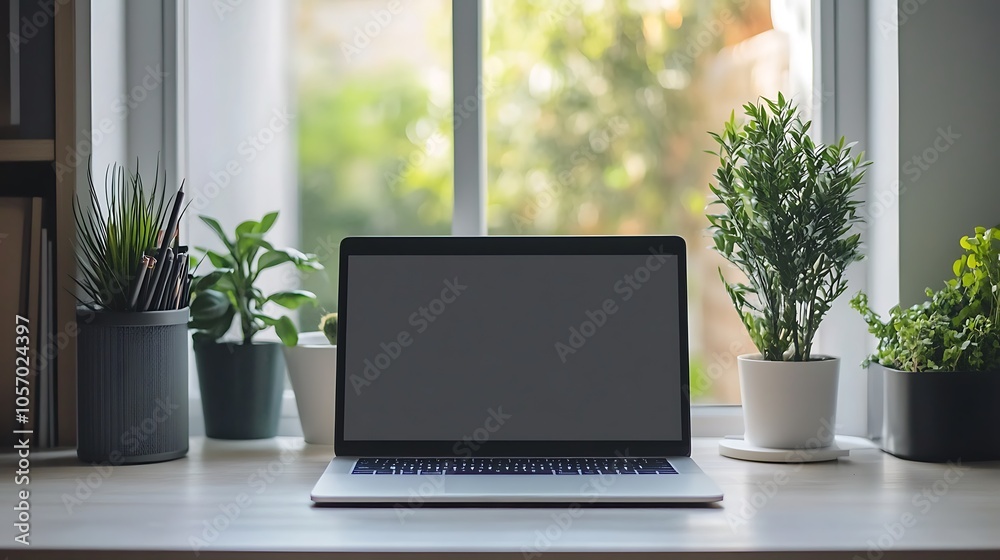 Laptop on Desk with Plants by Window and Natural Light Laptop on Desk with Plants by Window and Natural Light