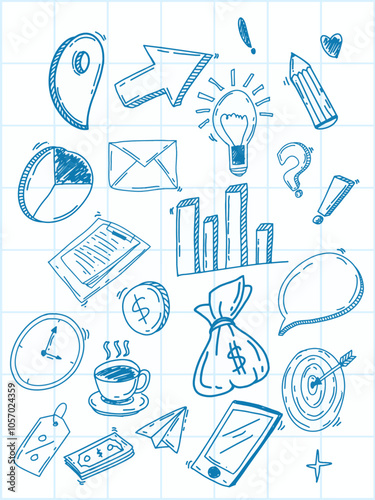 HAND DRAWING DOODLE ART BUSINESS PLAN WITH BLUE BALLPOINT TEXTURE AND WHITE BACKGROUND WITH LIGHT BLUE LINE