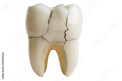 Close-up of a cracked tooth revealing its internal structure, white isolated background. photo