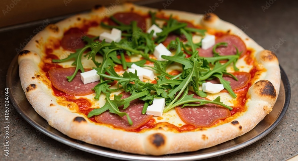 A gourmet pizza topped with arugula, prosciutto, and Parmesan A gourmet pizza topped with arugula, prosciutto, and Parmesan