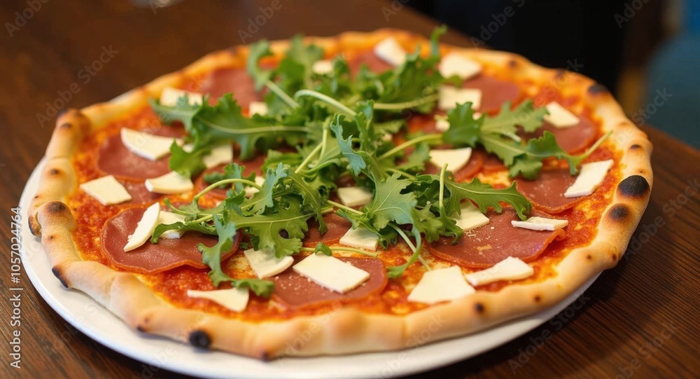 A gourmet pizza topped with arugula, prosciutto, and Parmesan A gourmet pizza topped with arugula, prosciutto, and Parmesan