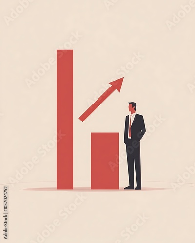 Businessman Looking at Upward Arrow with Growing Bars