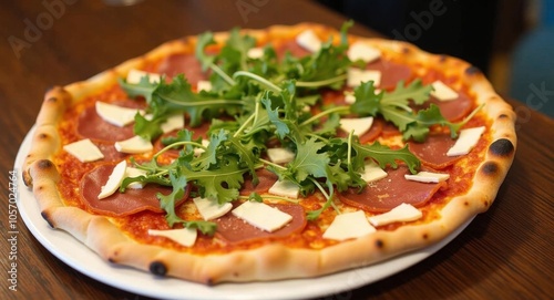 A gourmet pizza topped with arugula, prosciutto, and Parmesan