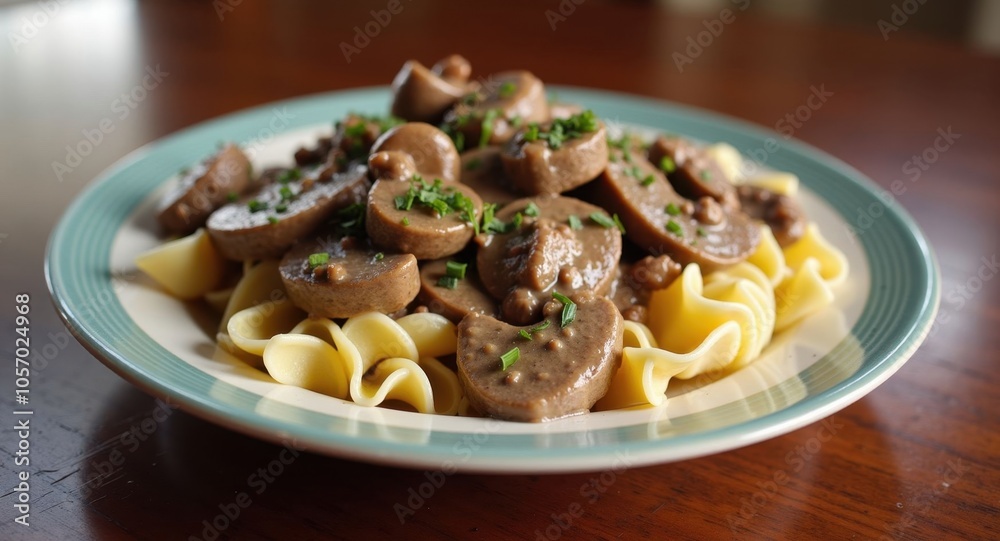 A hearty plate of beef stroganoff with mushrooms and noodles on a winter A hearty plate of beef stroganoff with mushrooms and noodles on a winter