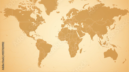 A minimalistic world map with sepia tones, featuring precise outlines for each continent, perfect for educational purposes.