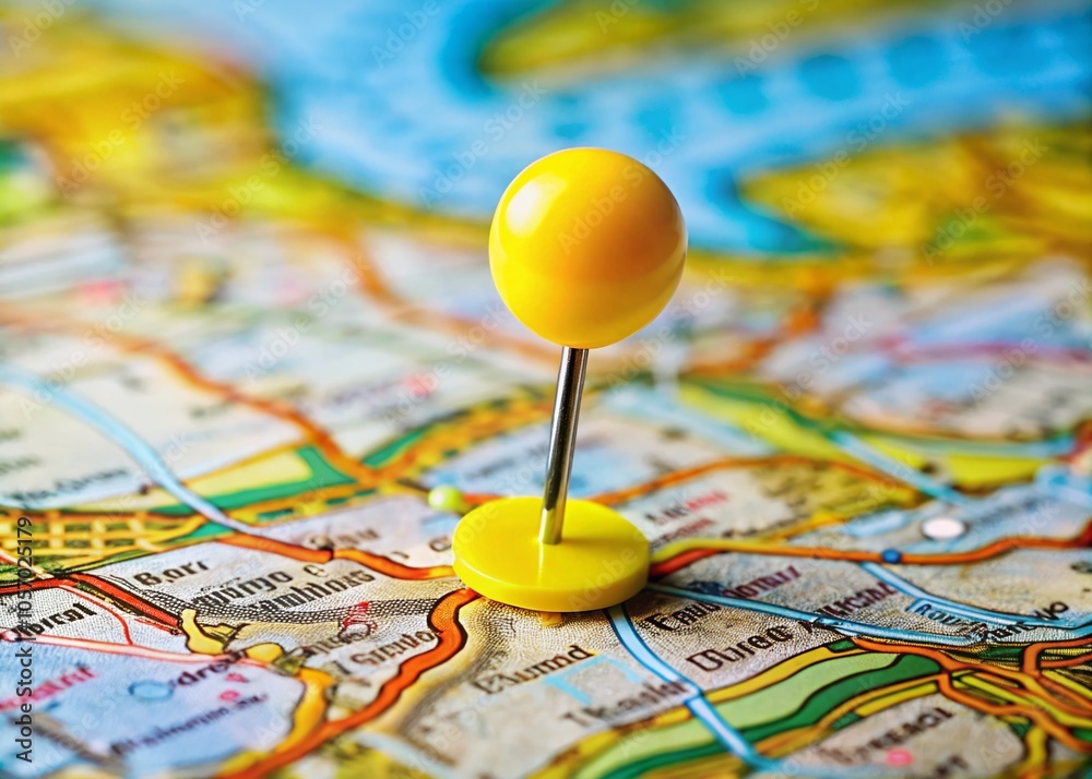Close-up of Yellow Location Marker Pin on Detailed Map for Navigation and Directional Guidance Close-up of Yellow Location Marker Pin on Detailed Map for Navigation and Directional Guidance