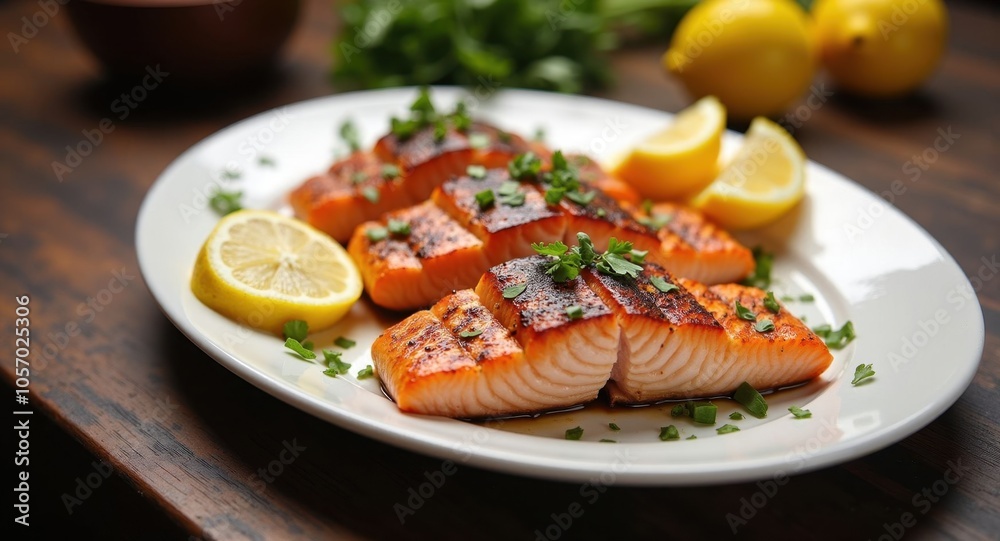 A plate of grilled salmon with lemon slices and fresh herbs on a dark wood table A plate of grilled salmon with lemon slices and fresh herbs on a dark wood table