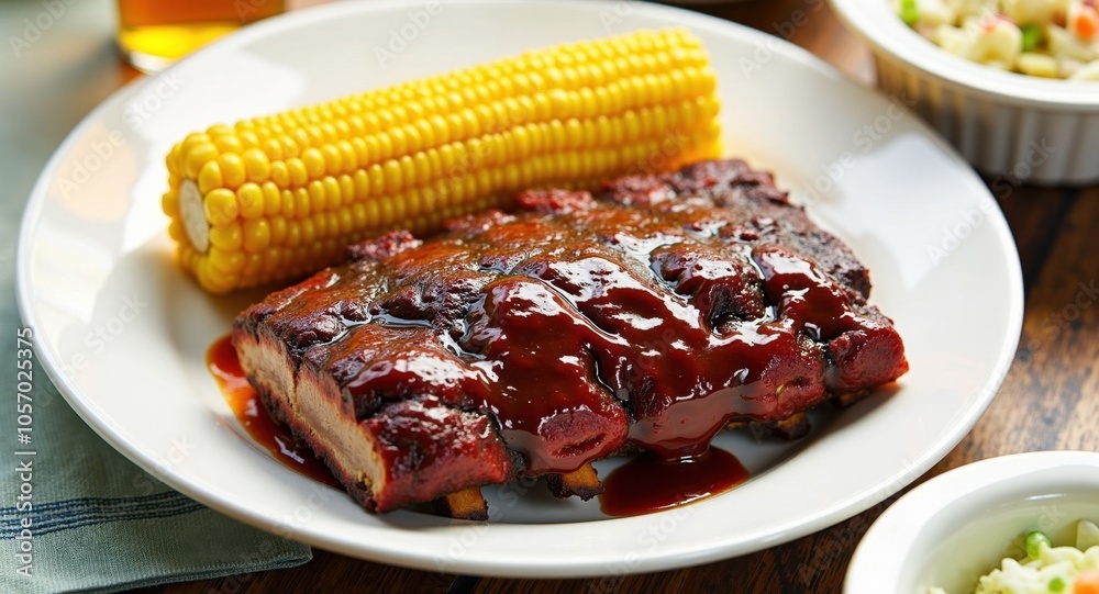 A plate of smoked ribs with barbecue sauce, corn on the cob A plate of smoked ribs with barbecue sauce, corn on the cob