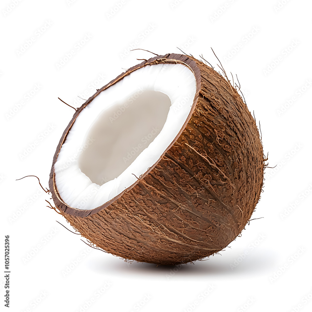 Fresh whole coconut and its half, with palm leaf, isolated on white background Fresh whole coconut and its half, with palm leaf, isolated on white background