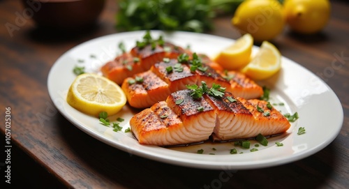 A plate of grilled salmon with lemon slices and fresh herbs on a dark wood table