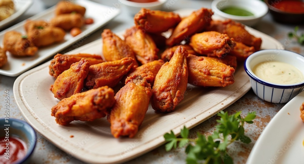 A platter of chicken wings with a variety of dipping sauces A platter of chicken wings with a variety of dipping sauces