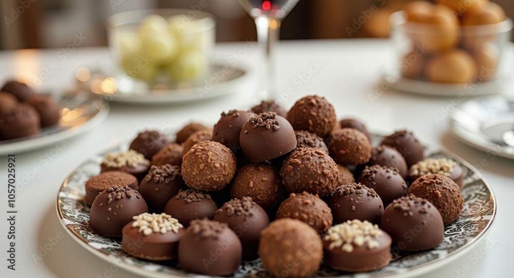 A rich chocolate truffle assortment with a glass of wine A rich chocolate truffle assortment with a glass of wine