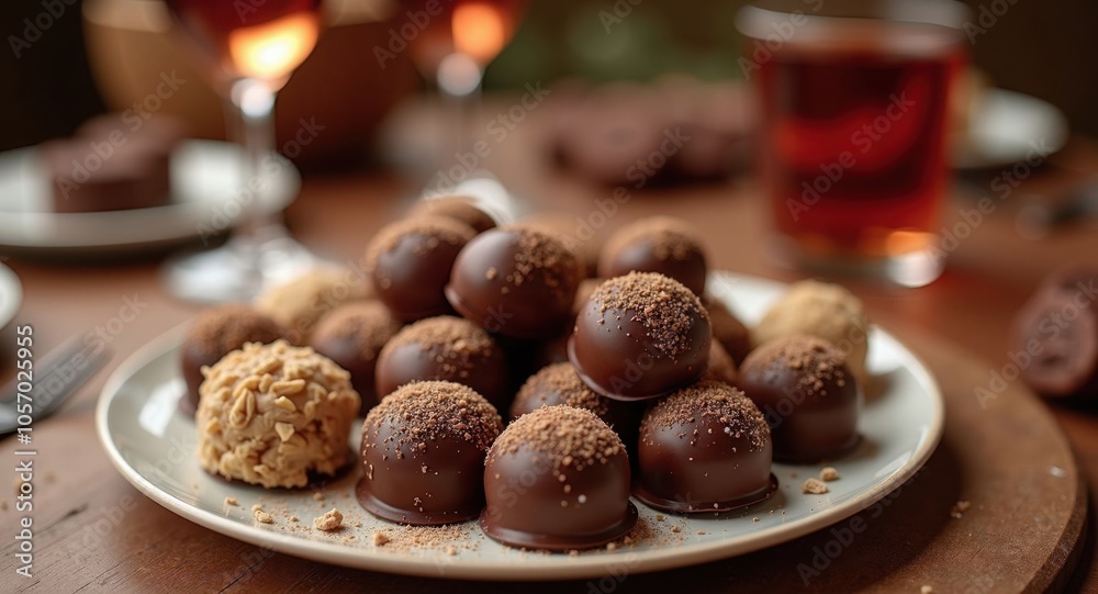 A rich chocolate truffle assortment with a glass of wine A rich chocolate truffle assortment with a glass of wine