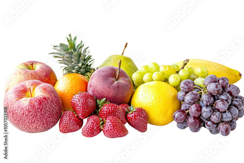 Colorful collection of fresh fruits including apples, grapes, and berries on a white background.