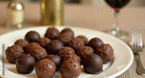 A rich chocolate truffle assortment with a glass of wine