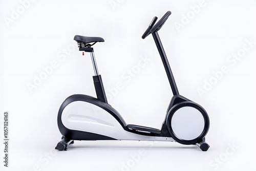 Modern low-impact elliptical trainer machine with adjustable resistance and digital display for tracking workout progress isolated on white photo